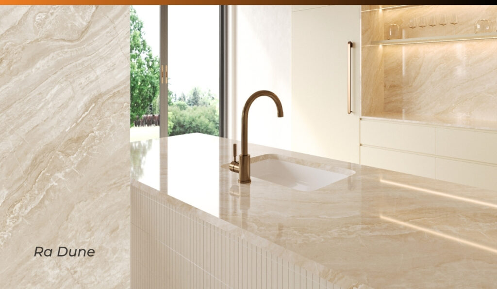 Printed Quartz Collection with Taj Mahal and Royal Mahal warm stone patterns