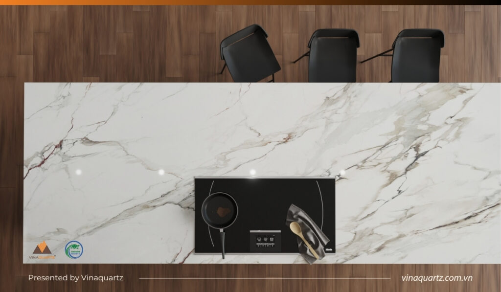 VinaQuartz Printed Quartz Slab used for kitchen island countertop and backsplash