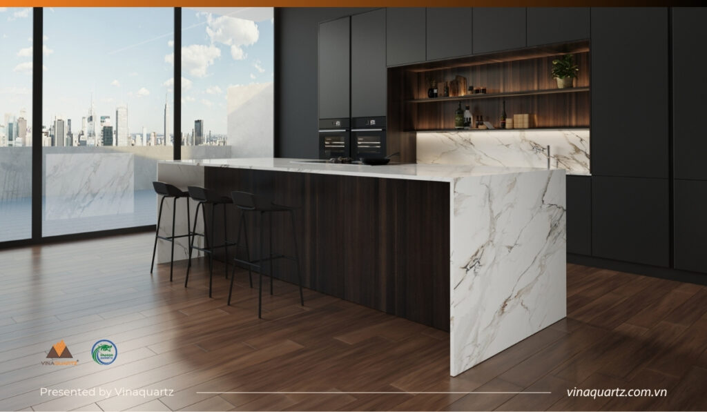 Printed Quartz Slab layout with vein direction for modern kitchen renovation