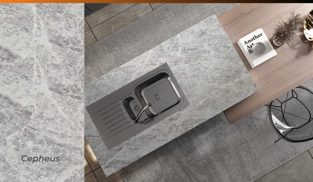 Quartz Surfaces in Cepheus dark gray tone for architectural interior anchors