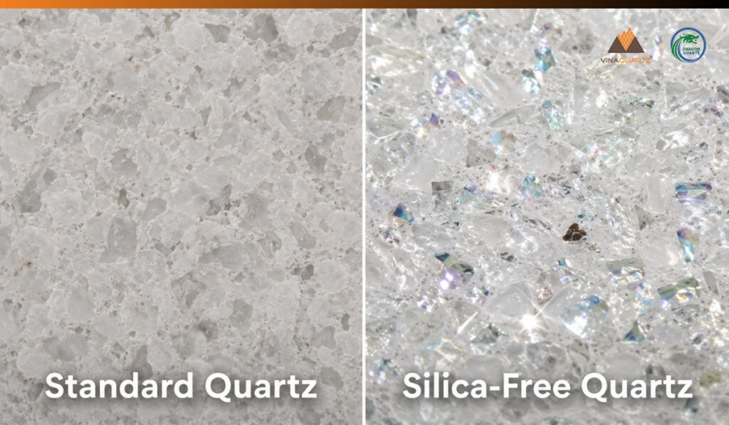Standard quartz vs silica-free quartz surface comparison showing matte and sparkling texture