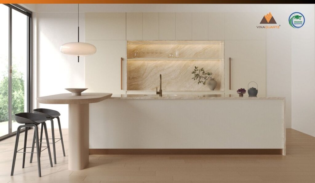 Full Body Printed Quartz used for kitchen island wall cladding and dining table