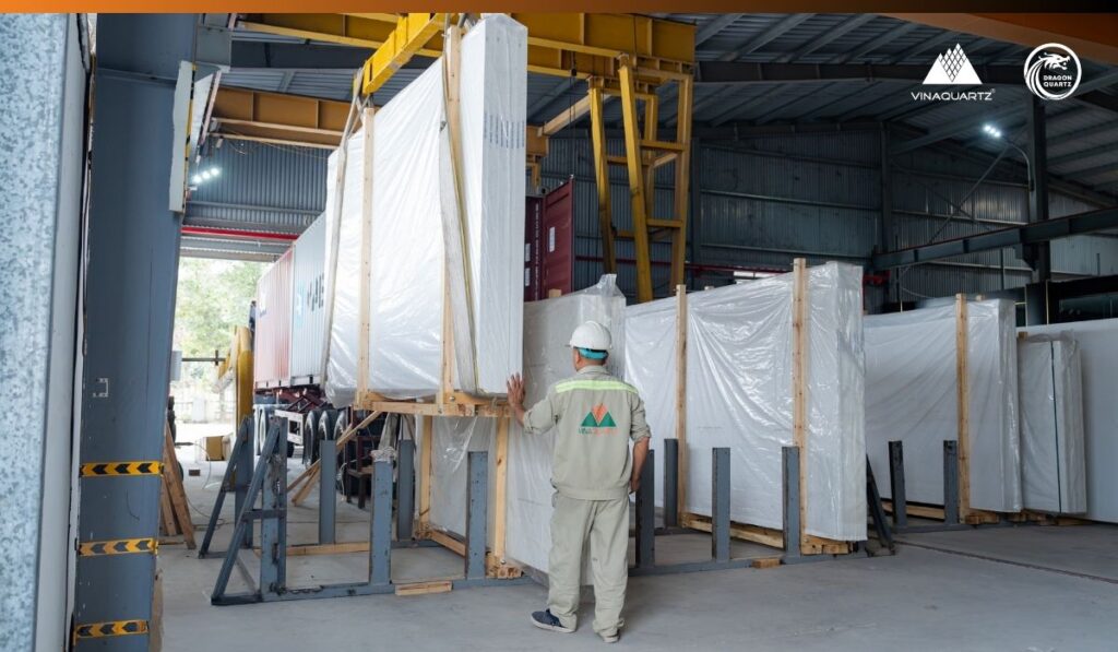 Quartz Slabs from Vietnam packed in wooden crates for container export